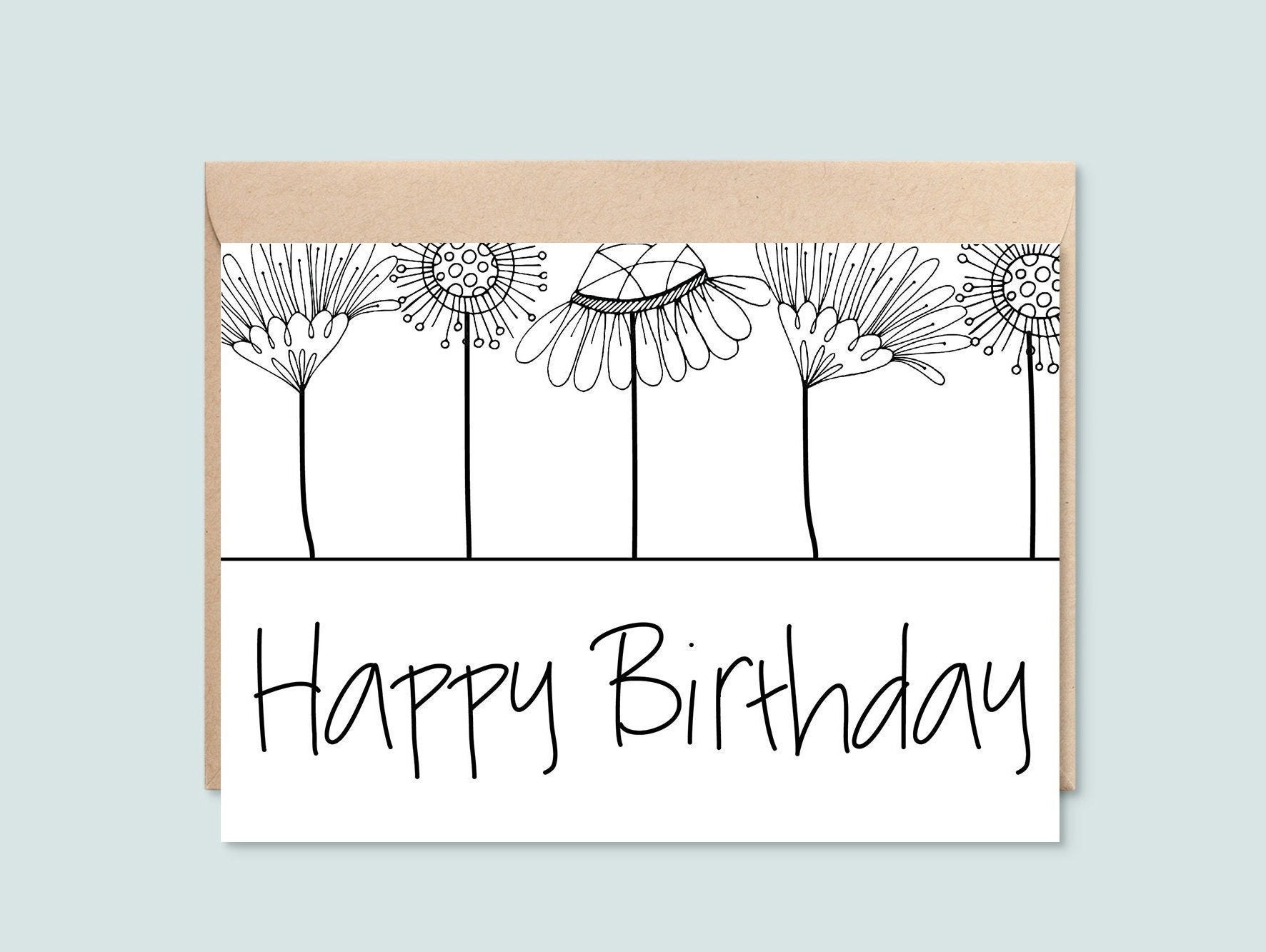 Printable Happy Birthday Card Black And White Floral Line Art Instant Download 5X7 Greeting Card Etsy