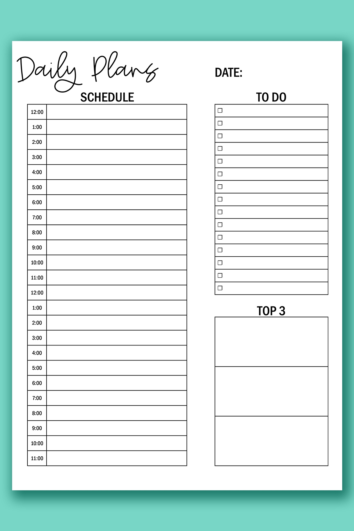 Printable Hourly Daily Schedule