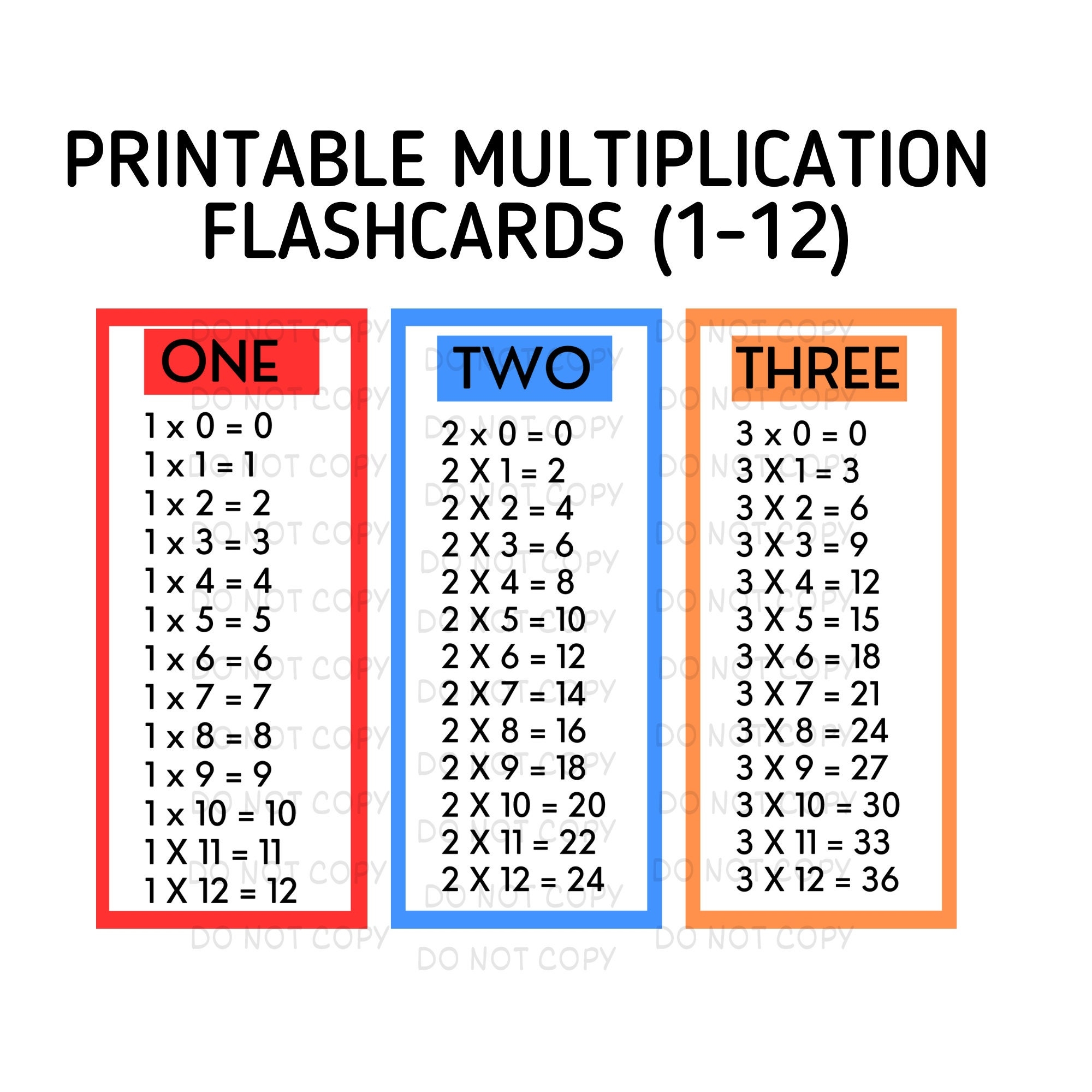 multiplication table printable flash cards