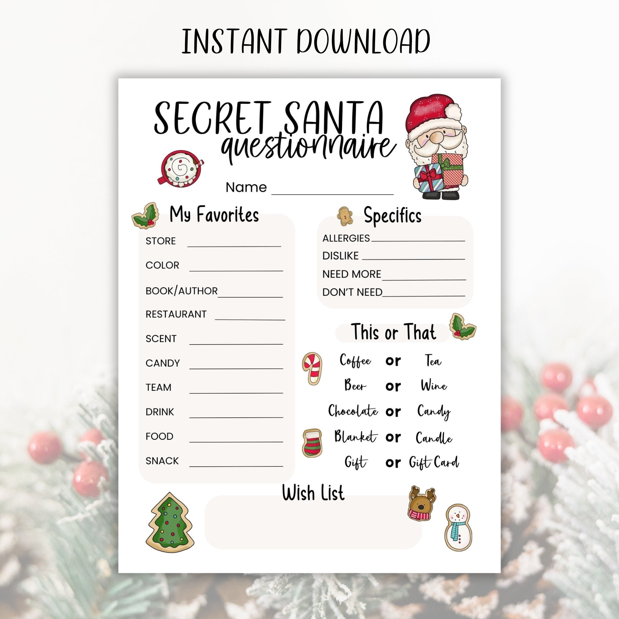 Printable Secret Santa Questionnaire Christmas Holiday Gift 