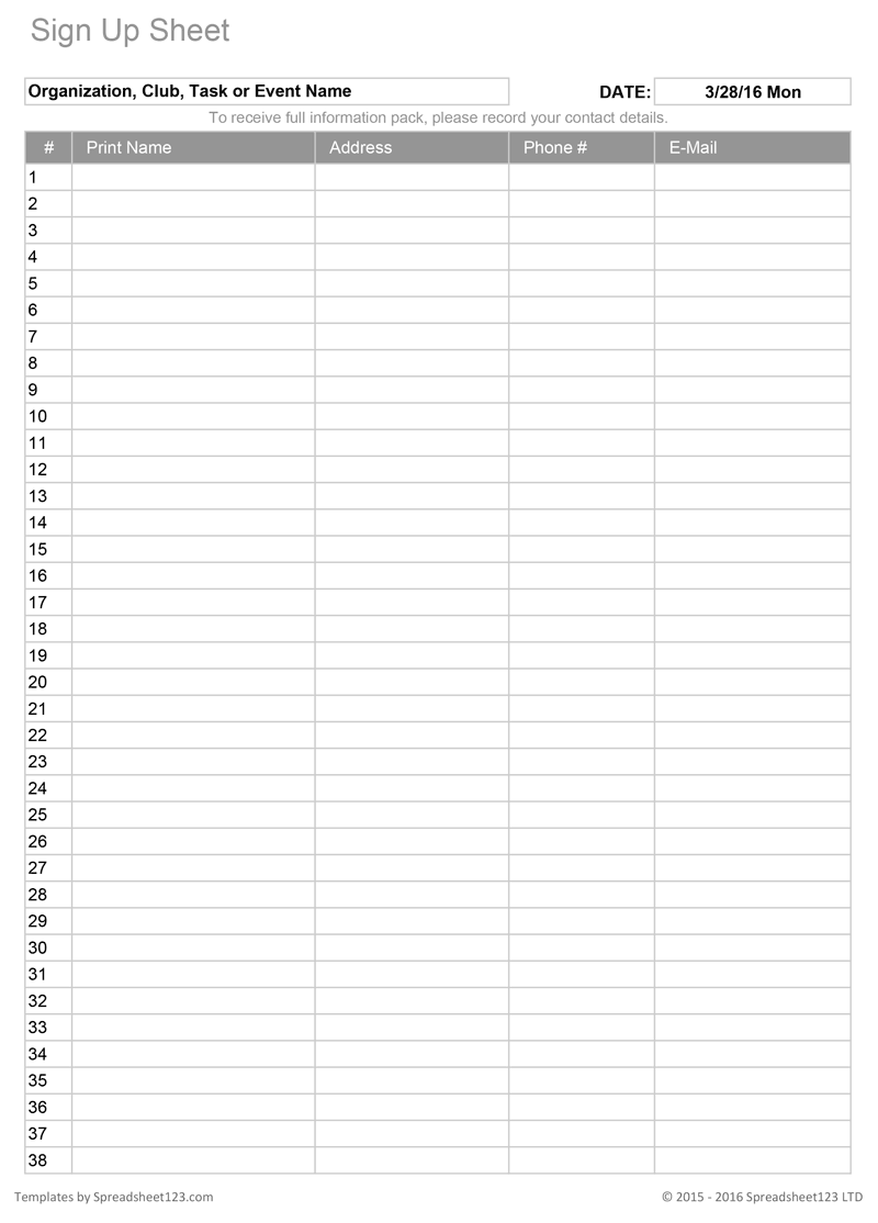 Sign Up Sheet Printable
