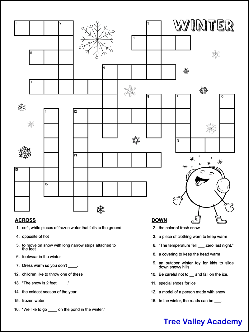 Printable Winter Crossword Puzzles For Kids Tree Valley Academy  Printable Winter Crossword Puzzles For Kids Tree Valley Academy