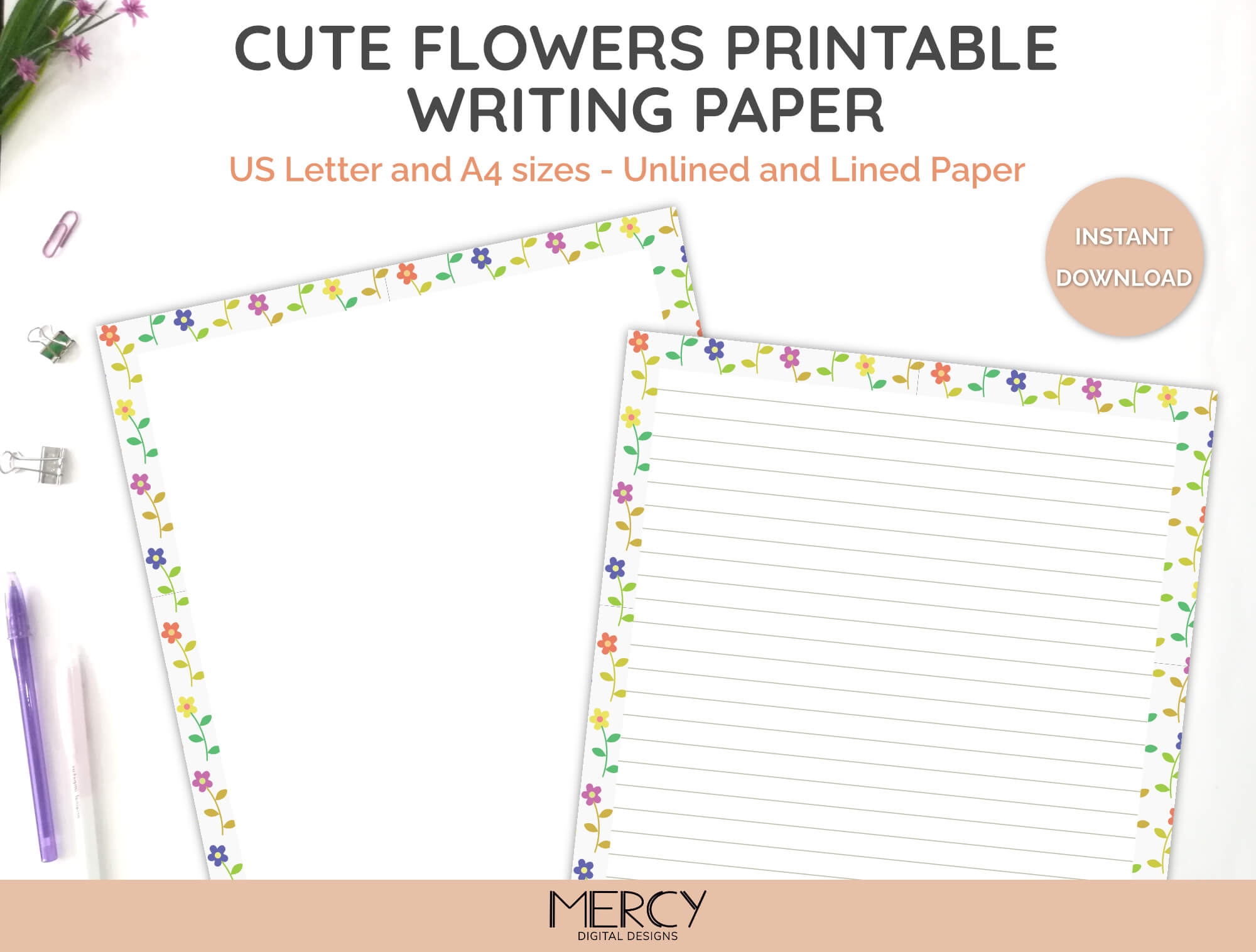 Printable Writing Paper With Borders Cute Flowers Mercy Digital 