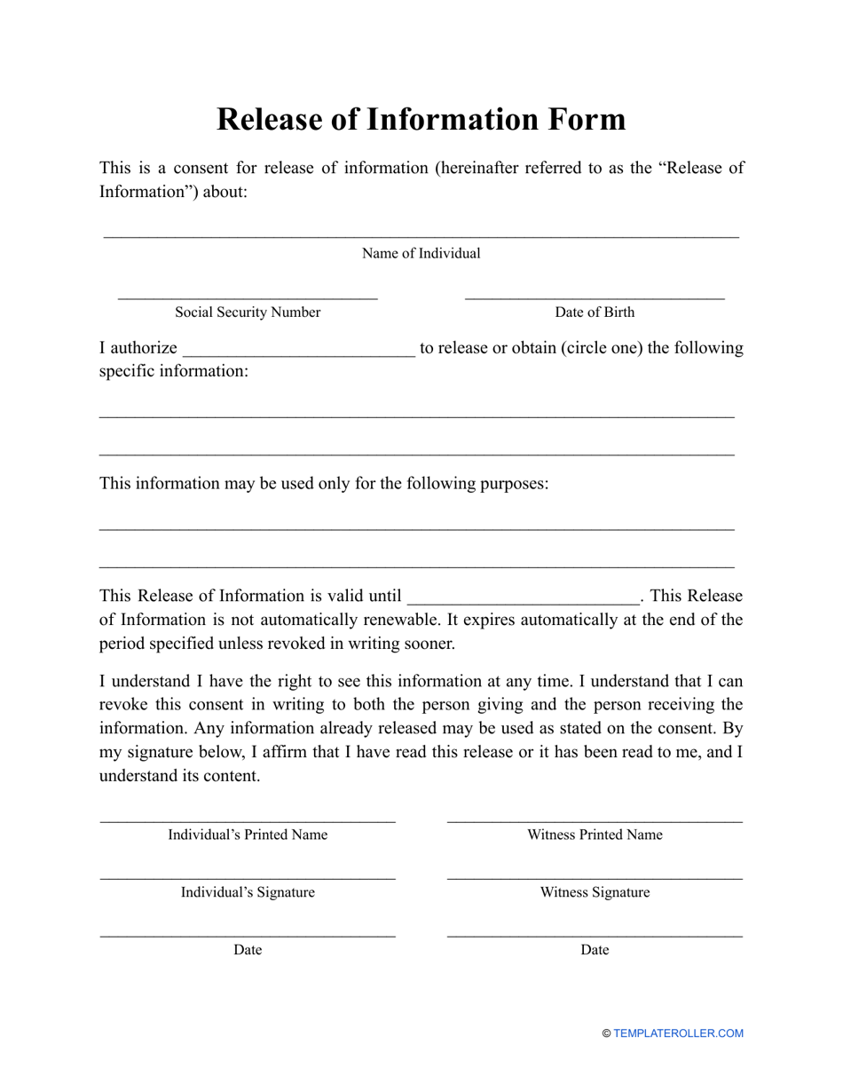 Printable Release Of Information Form
