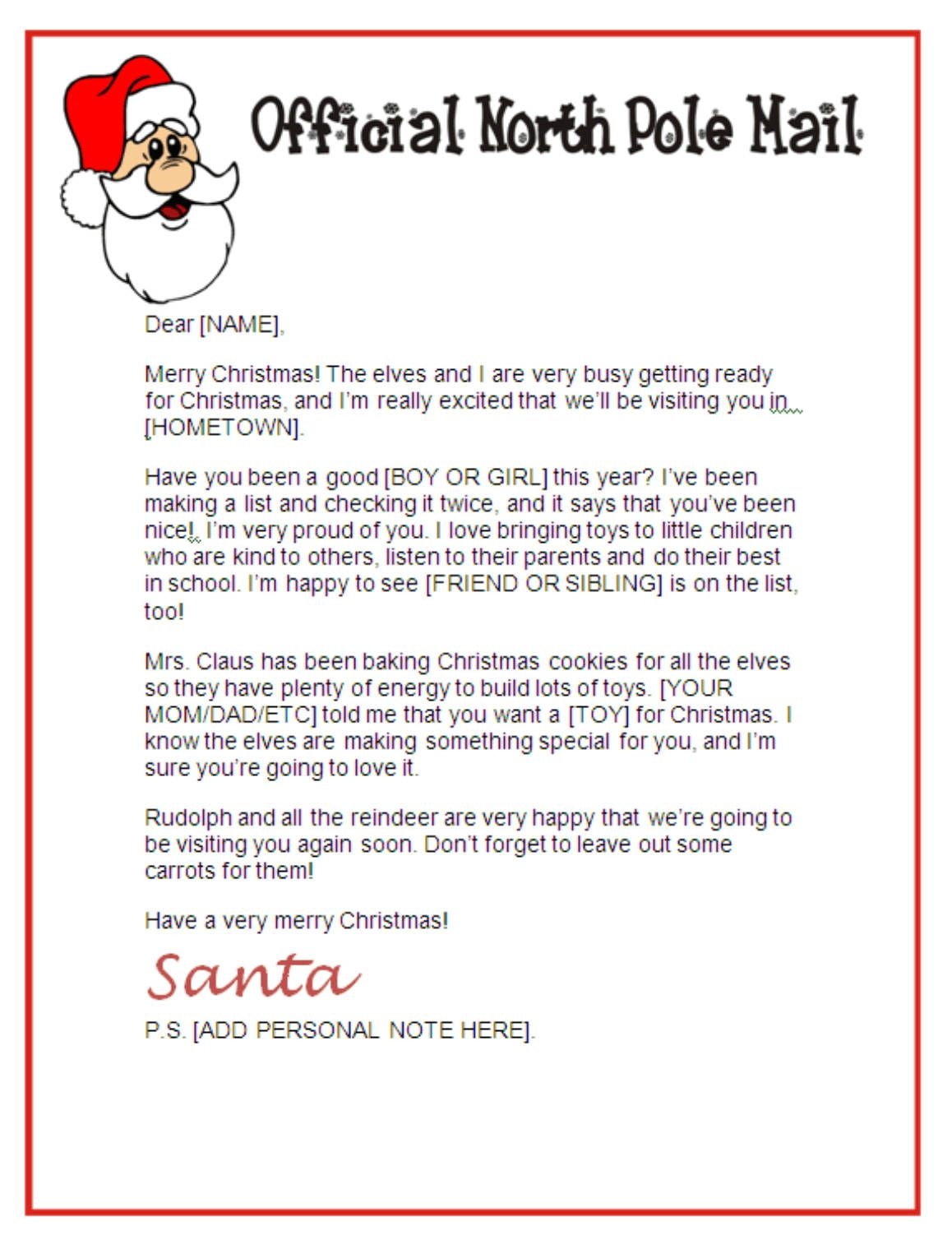 Free Printable Letter From Santa North Pole
