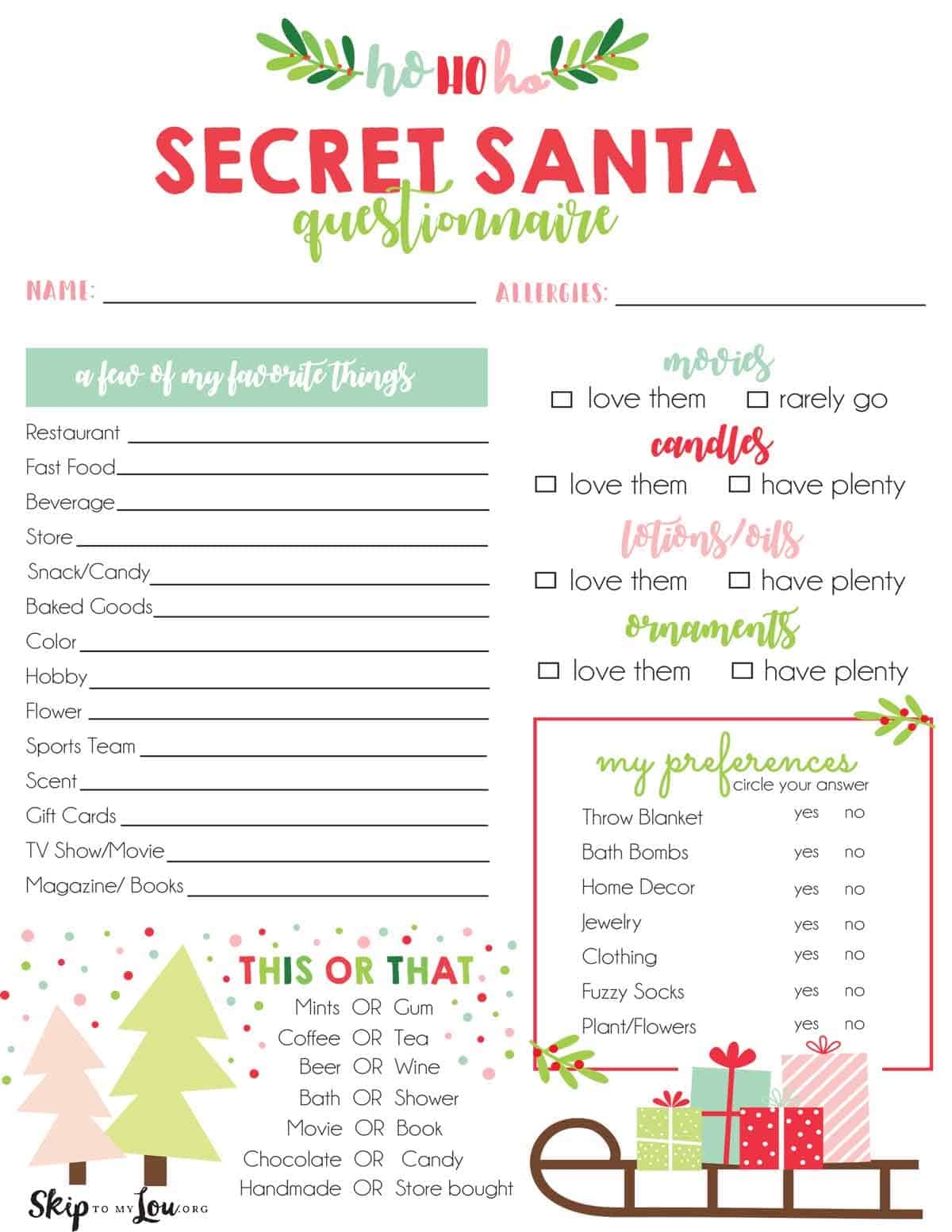 Secret Santa Questionnaire Printable Free