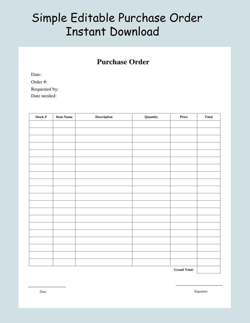Simple Minimal Editable Purchase Order Form Template Downloadable Printable Order Form