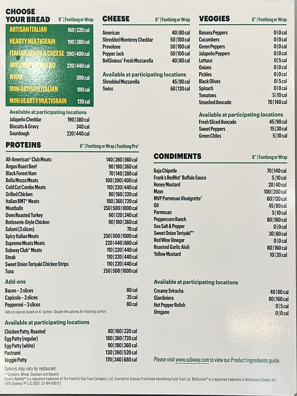 Subway Menu SLC Menu