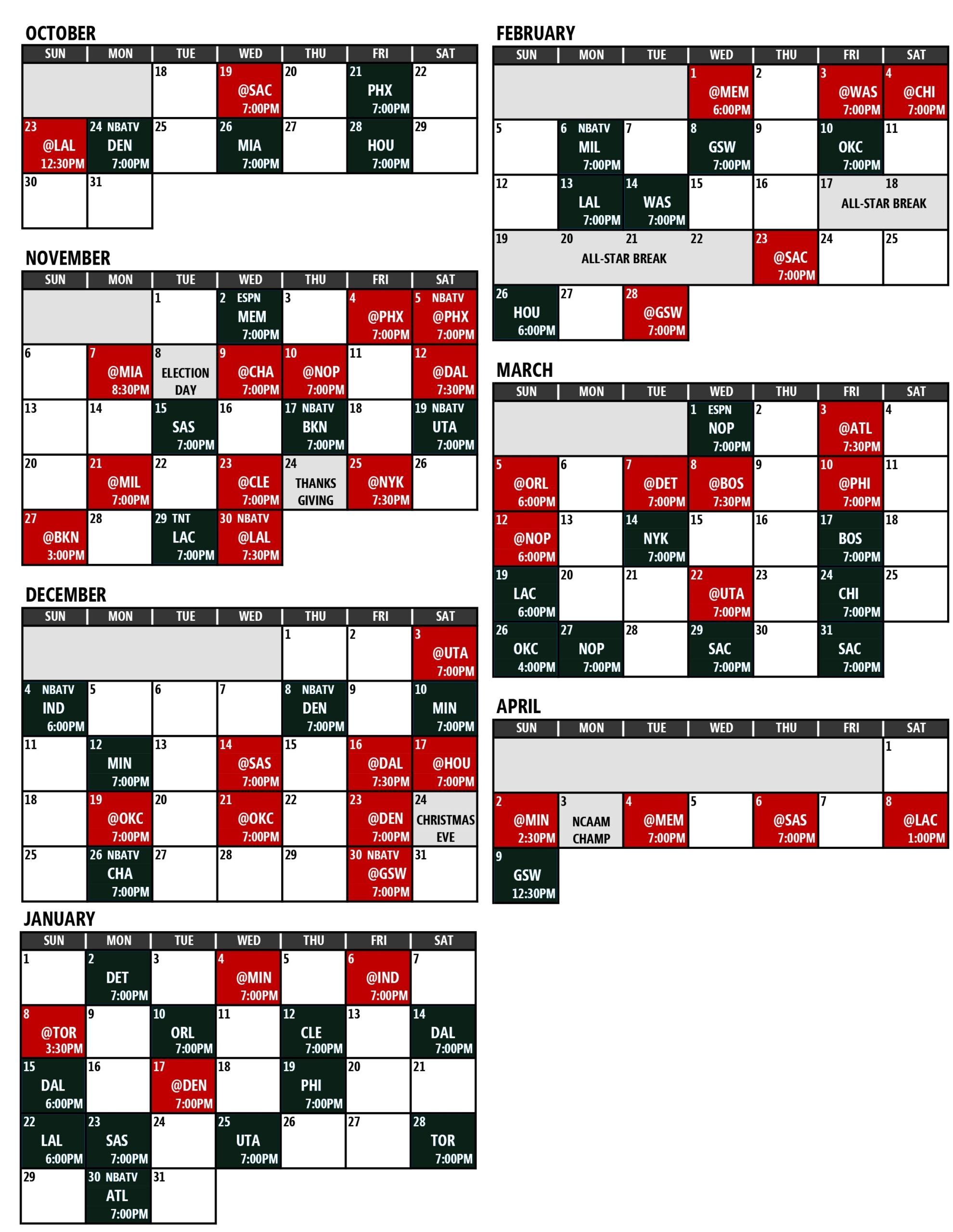 Trail Blazers Printable Schedule