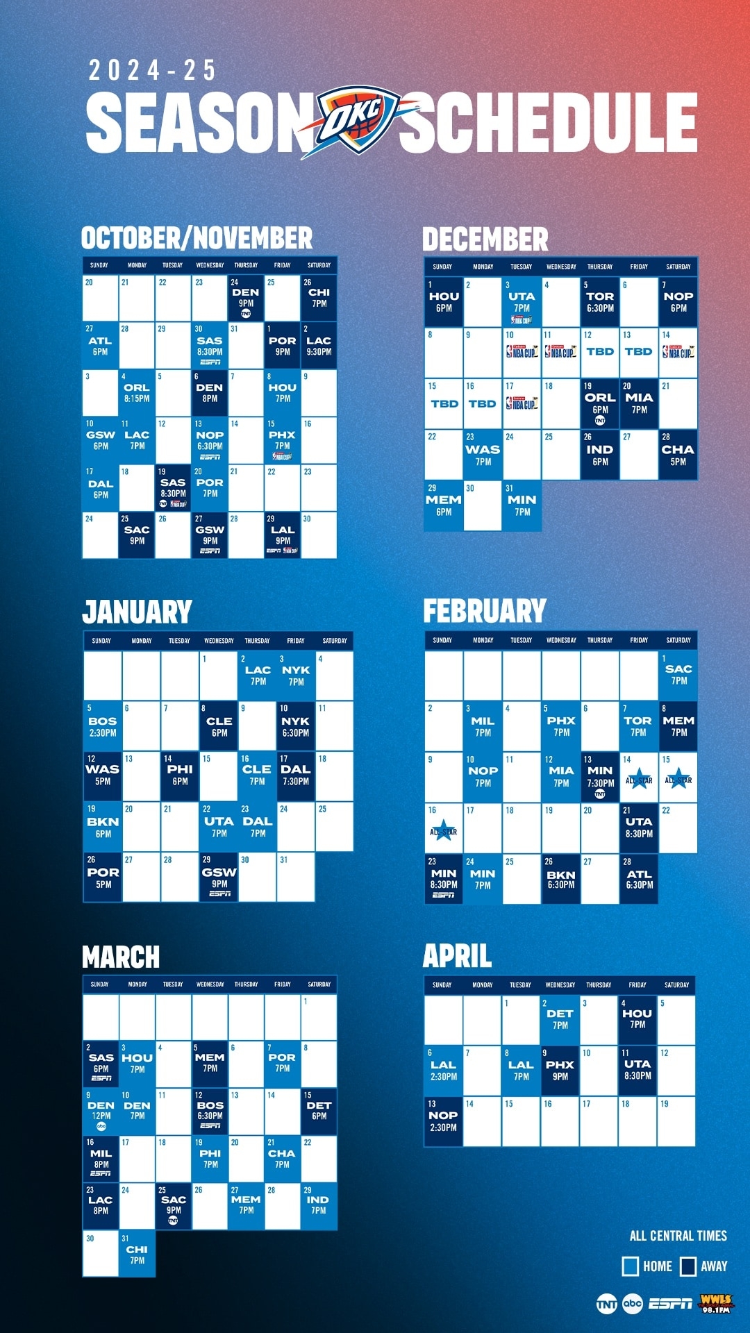 Oklahoma City Thunder Printable Schedule