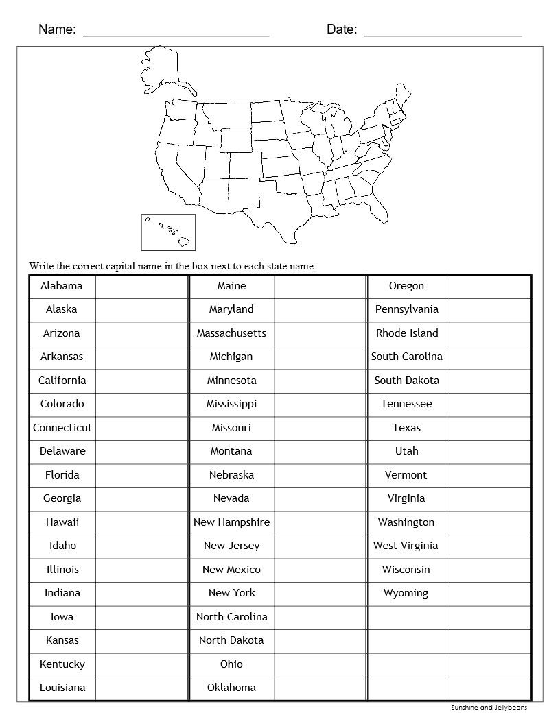 Us State Capitals Quiz Printable