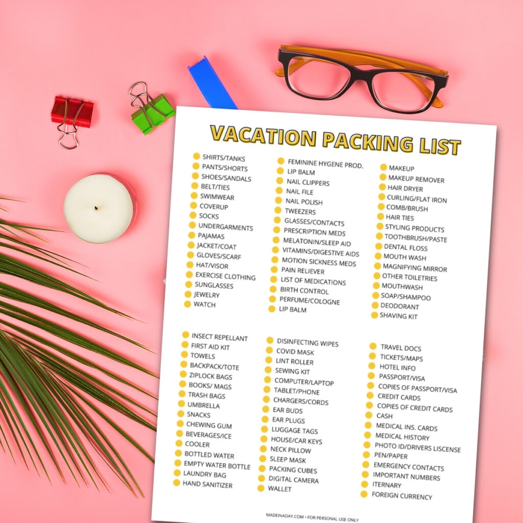 Printable Packing List For Vacation