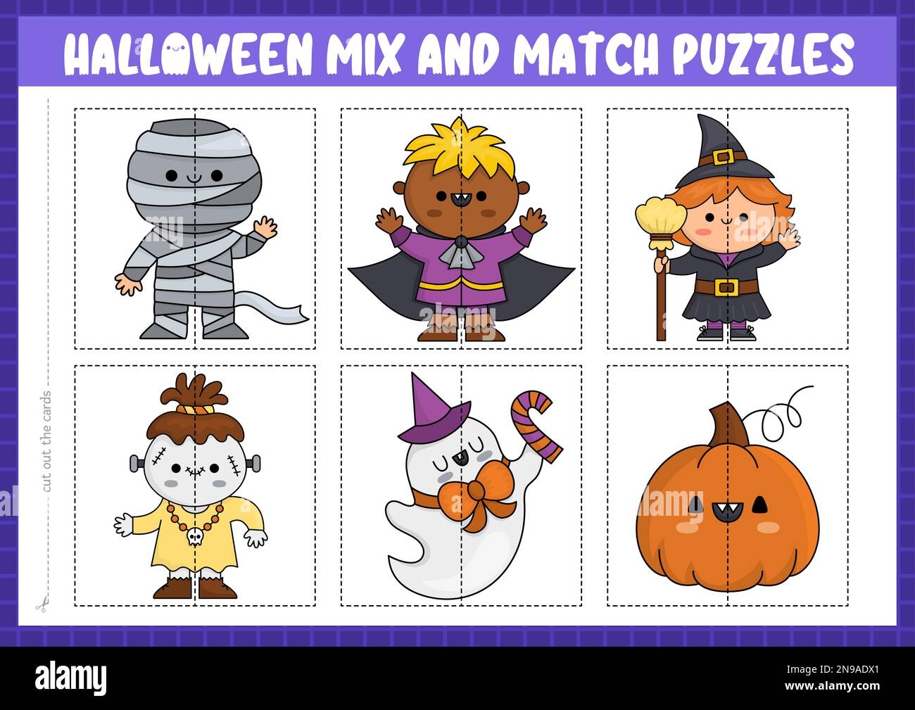Vector Halloween Mix And Match Puzzle With Cute Kawaii Characters Matching Samhain Party Activity For Preschool Kids Educational Printable Game With Stock Vector Image U0026 Art Alamy