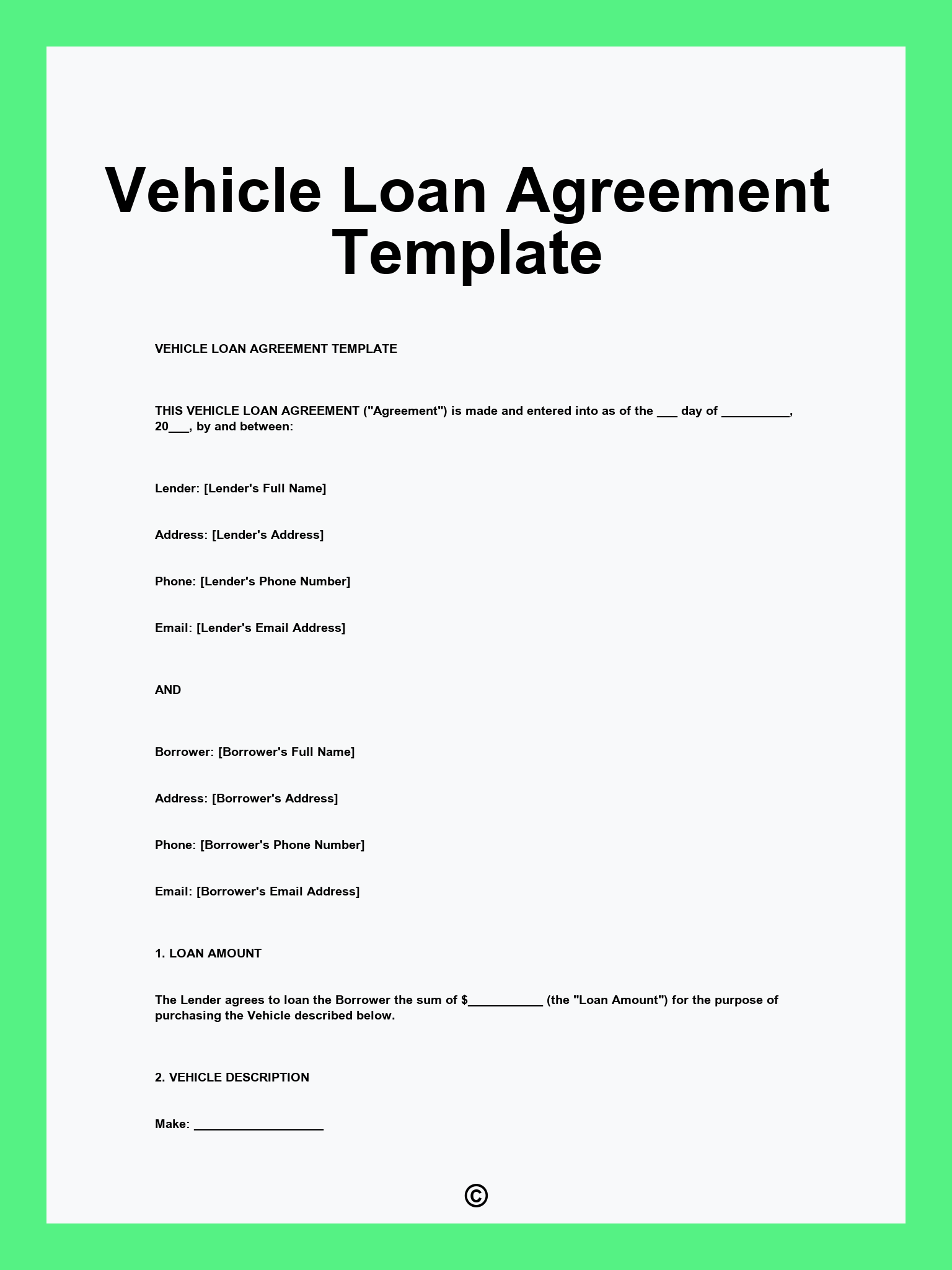 Vehicle Loan Agreement Template