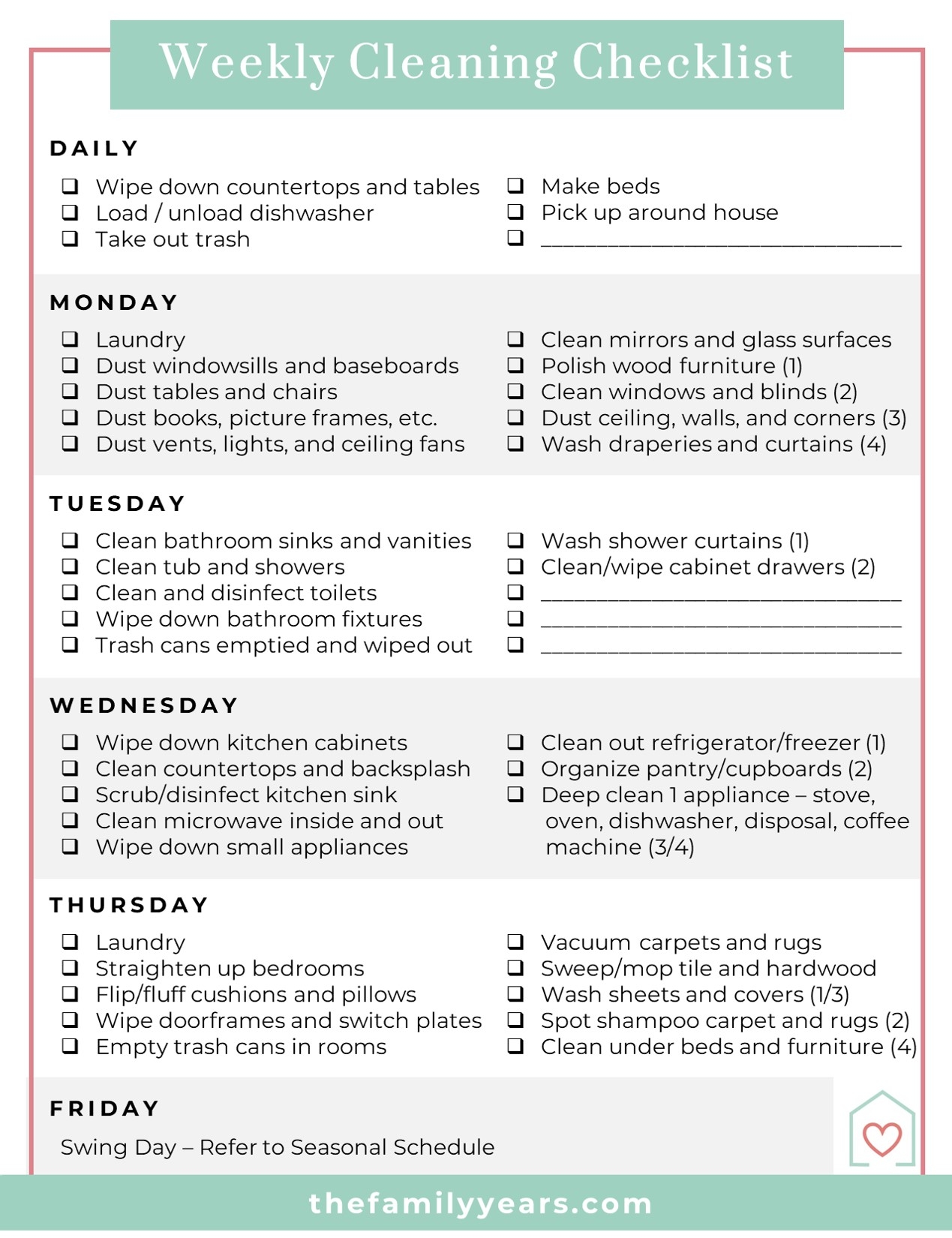 weekly house cleaning checklist printable
