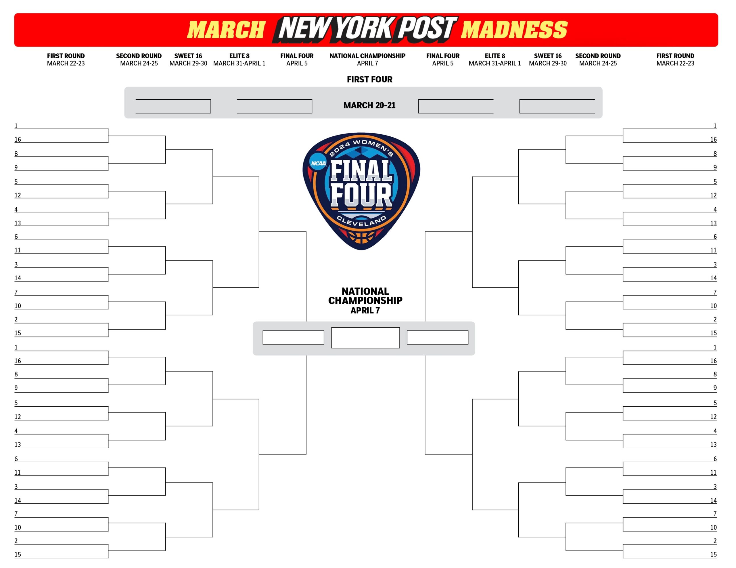 Women s March Madness 2024 Printable Blank NCAA Bracket