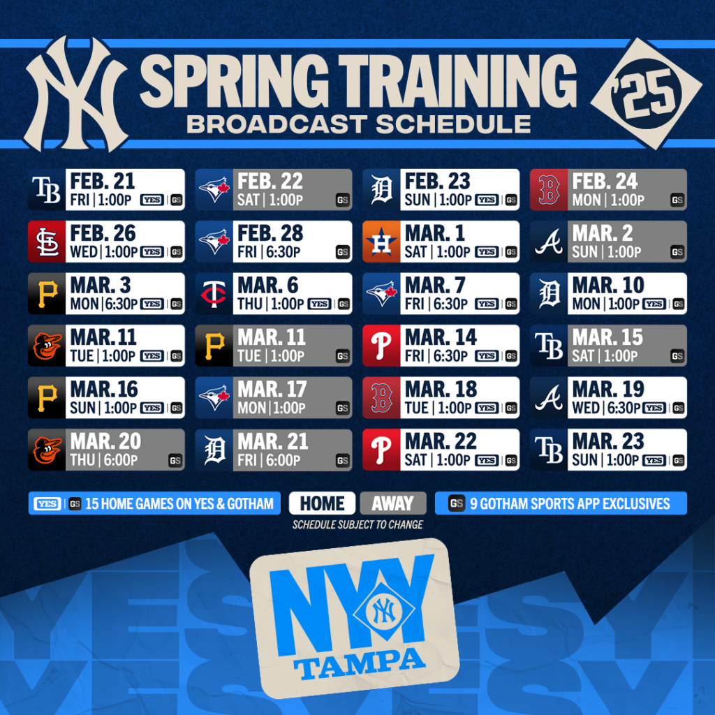 YES Yankees Spring Training Broadcast Schedule YES Network YES Network