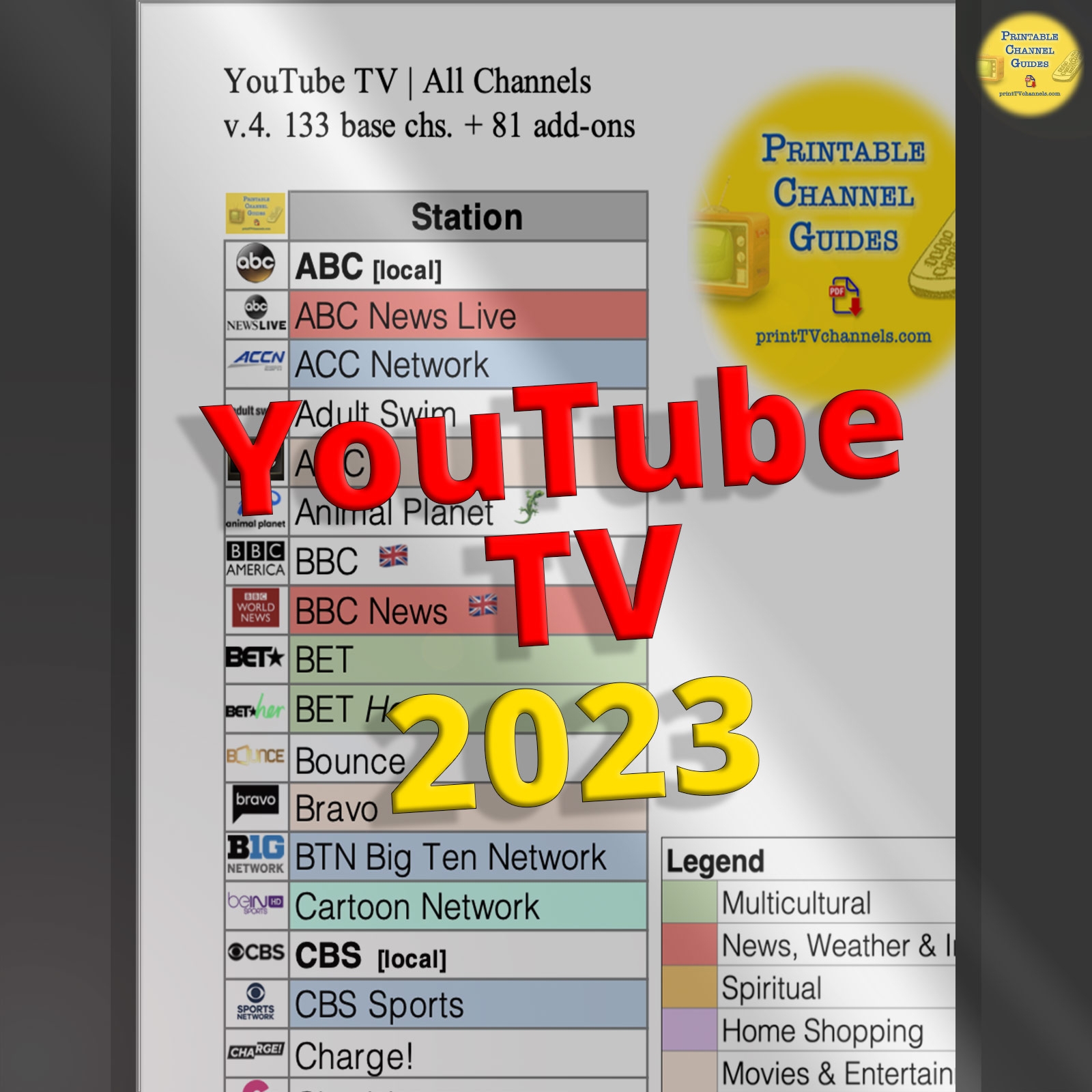 YouTube TV Channel List Printable YTTV Lineup Free PDF 2023