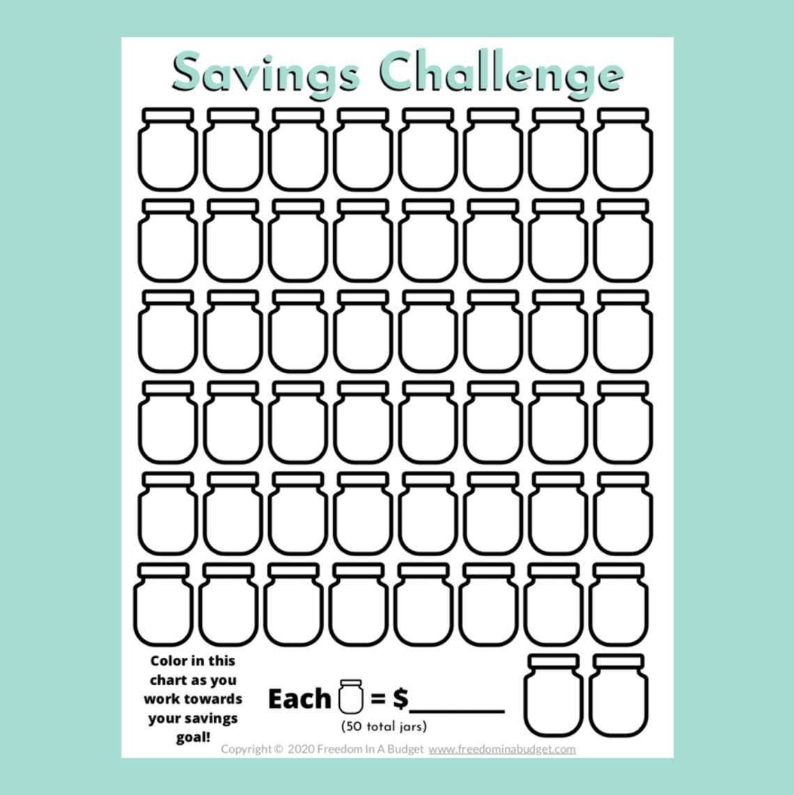 50 Jar Savings Challenge Tracker Printable PDF Etsy