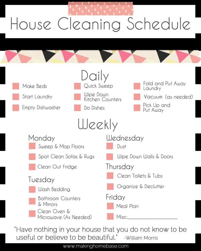 weekly cleaning chart printable