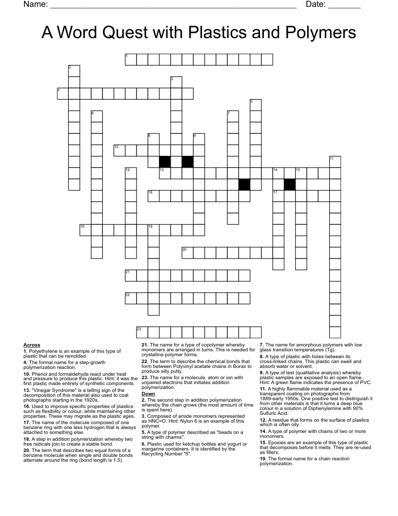 A Word Quest With Plastics And Polymers Crossword WordMint A Word Quest With Plastics And Polymers Crossword WordMint