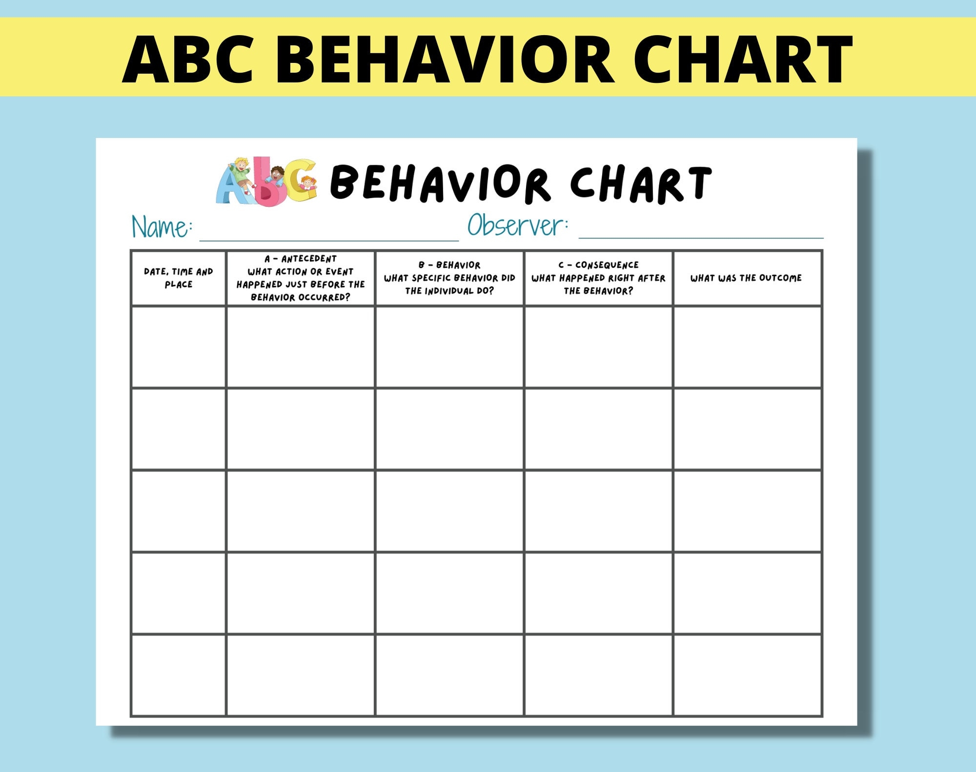 ABC Behavior Chart Printable For Kids Parents Classroom ABC Behavior Consequence Analysis Antecedent Behavior Consequence Chart Etsy