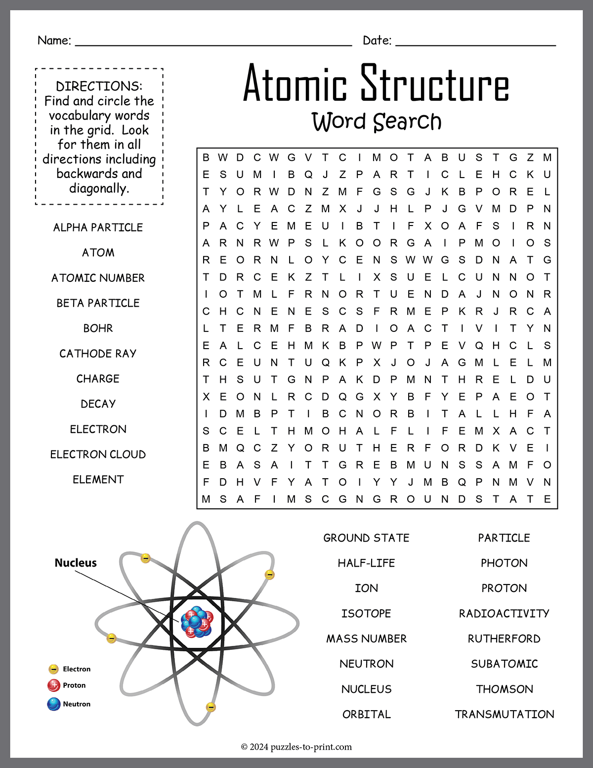 Atomic Structure Word Search Atomic Structure Word Search