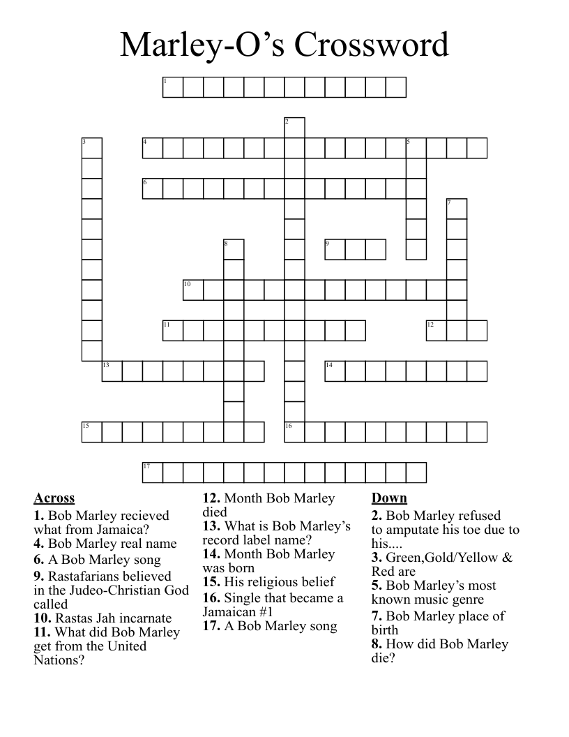 Bob Marley Word Search WordMint