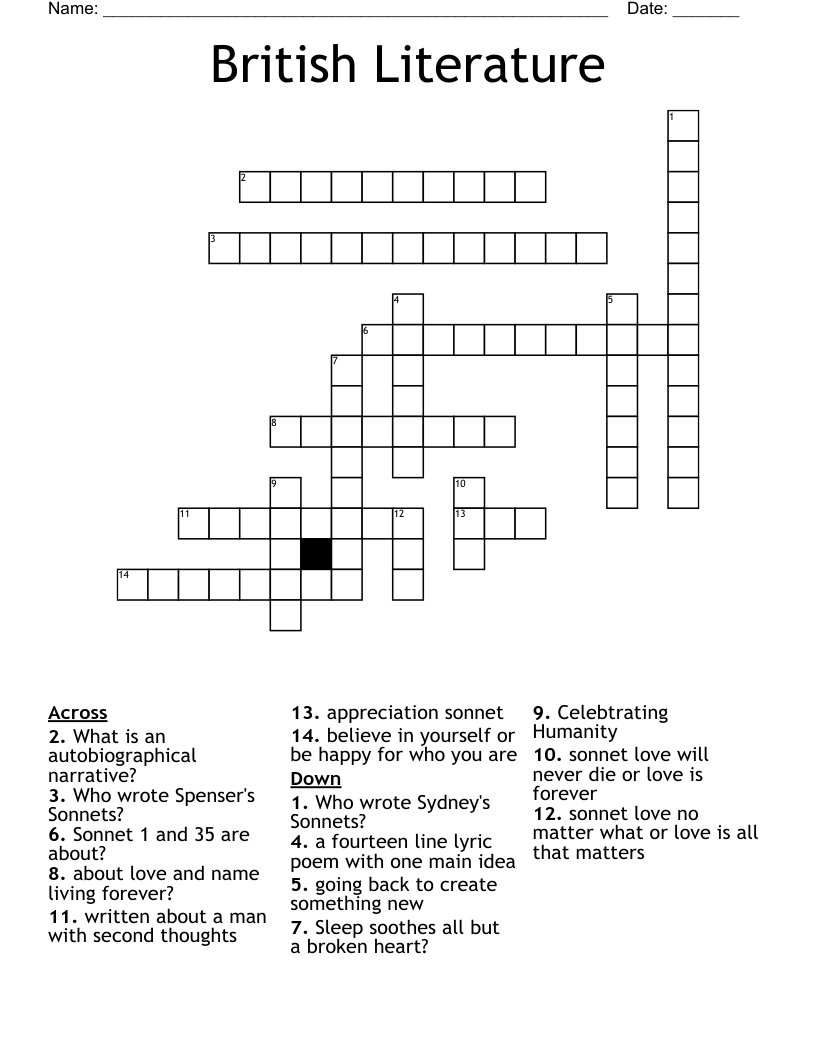 British Literature Crossword WordMint