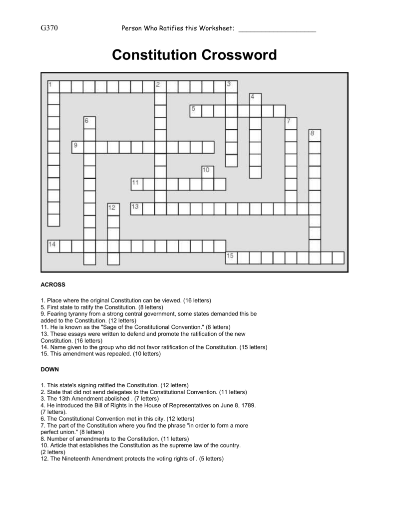 Constitution Crossword Worksheet US History Civics
