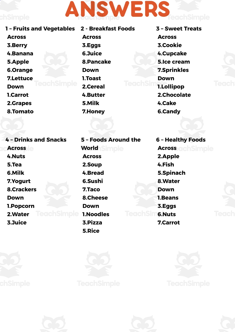Food Crossword 1 Page Sample PDF By Teach Simple
