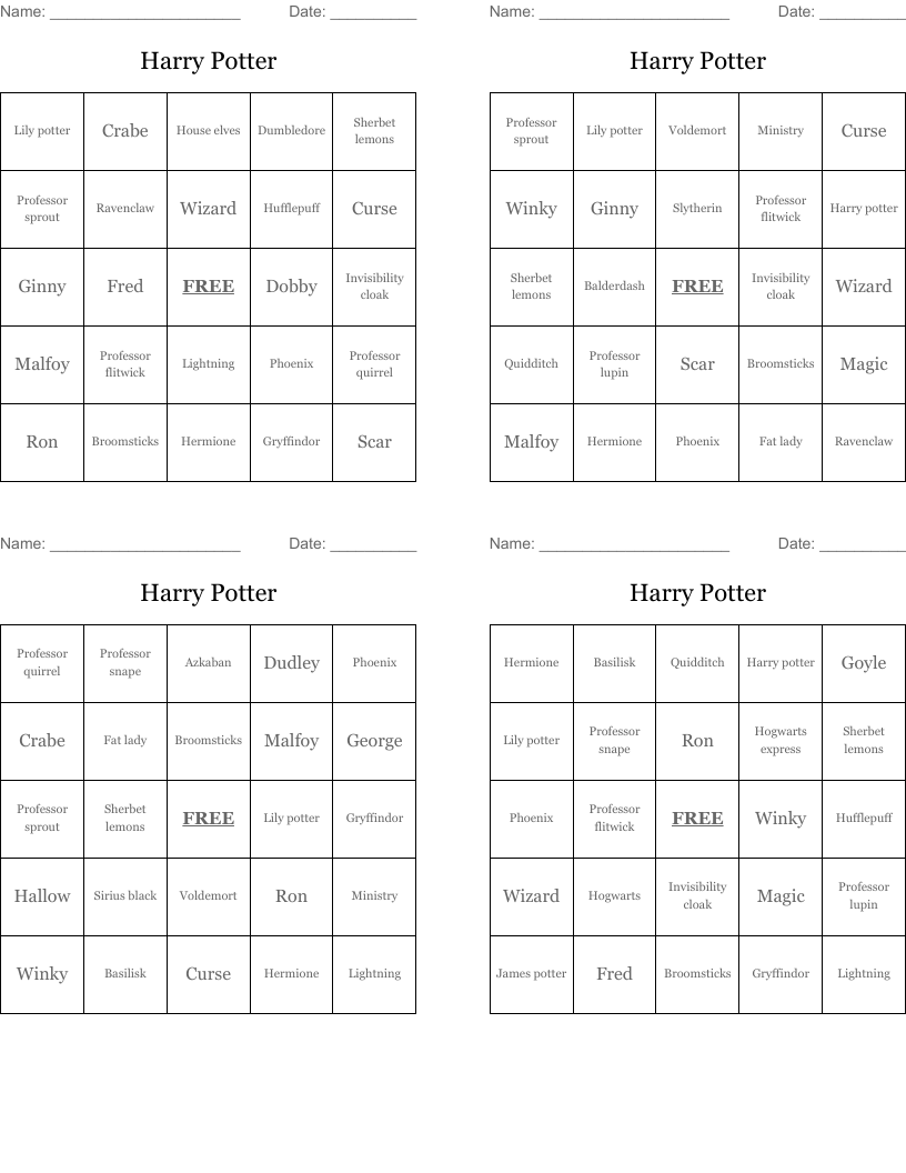 Harry Potter Bingo Cards WordMint
