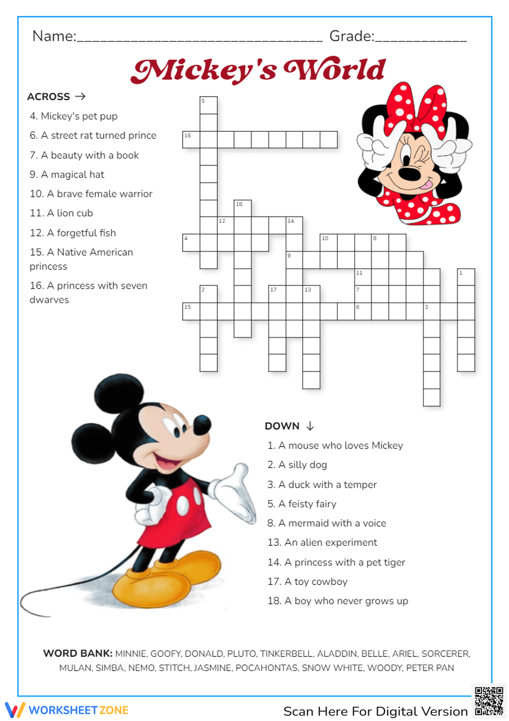 Printable 1st Grade Disney Crossword Puzzles Worksheets