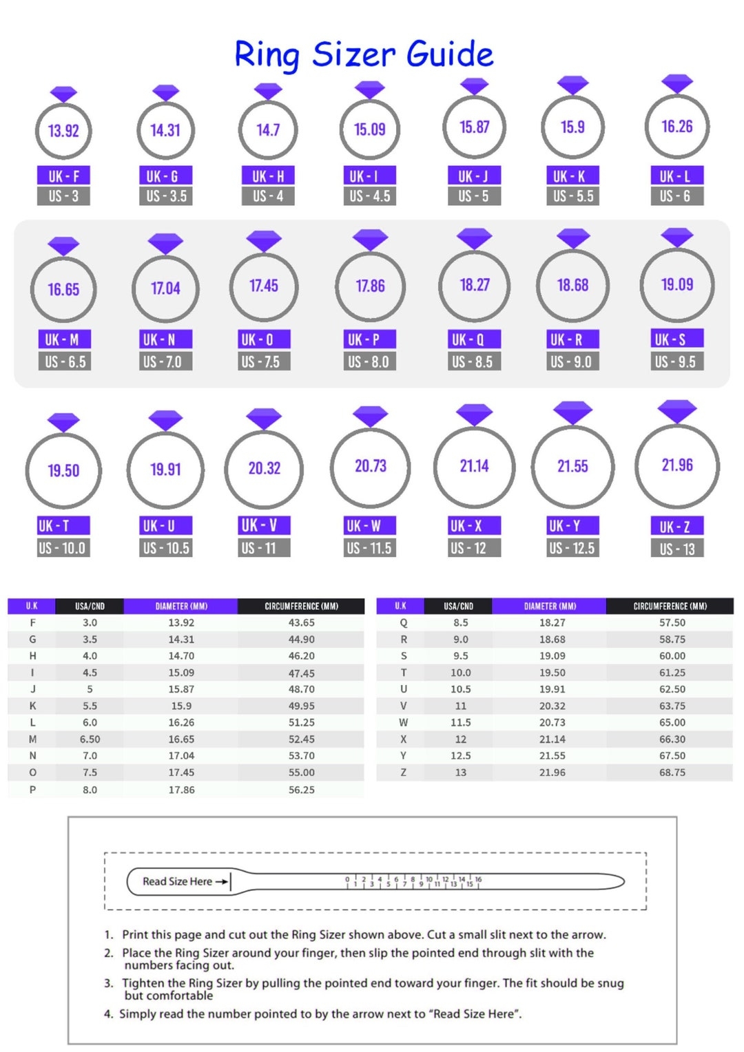 Printable Ring Size Chart US UK Sizes instant Download Etsy Printable Ring Size Chart US UK Sizes instant Download Etsy
