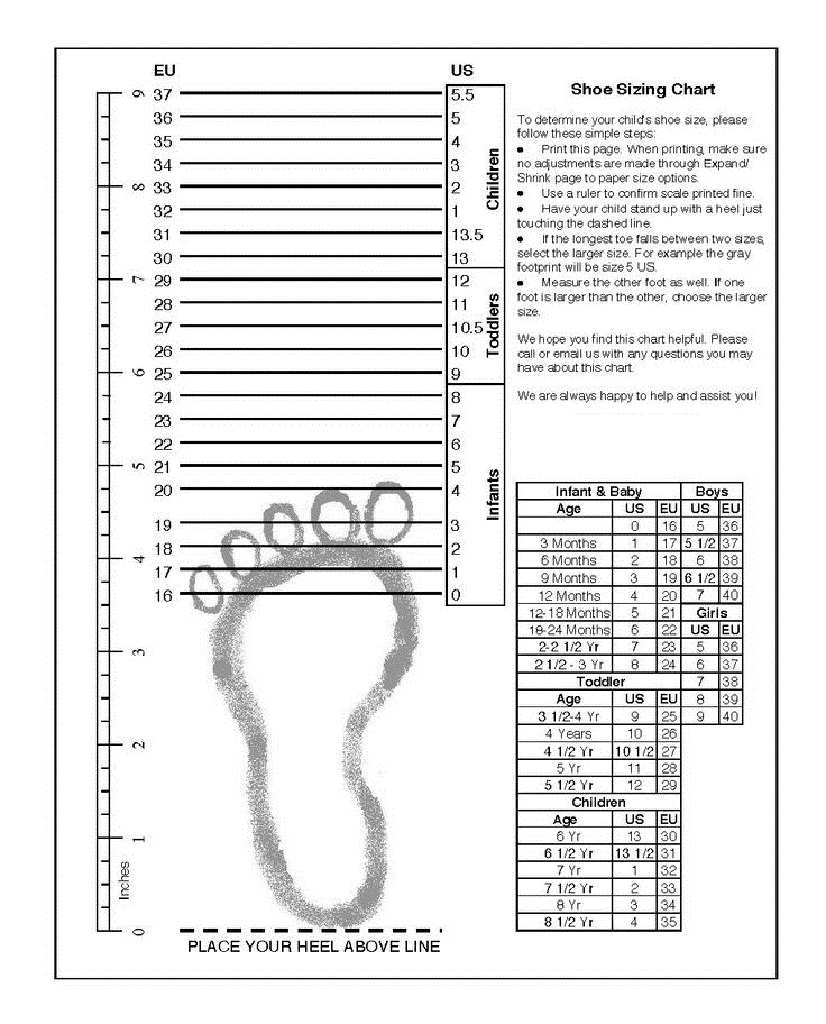 shoe sizing chart printable
