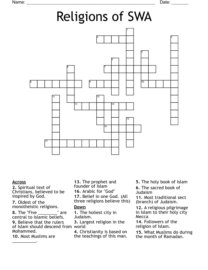 Religions Of SWA Crossword WordMint Religions Of SWA Crossword WordMint