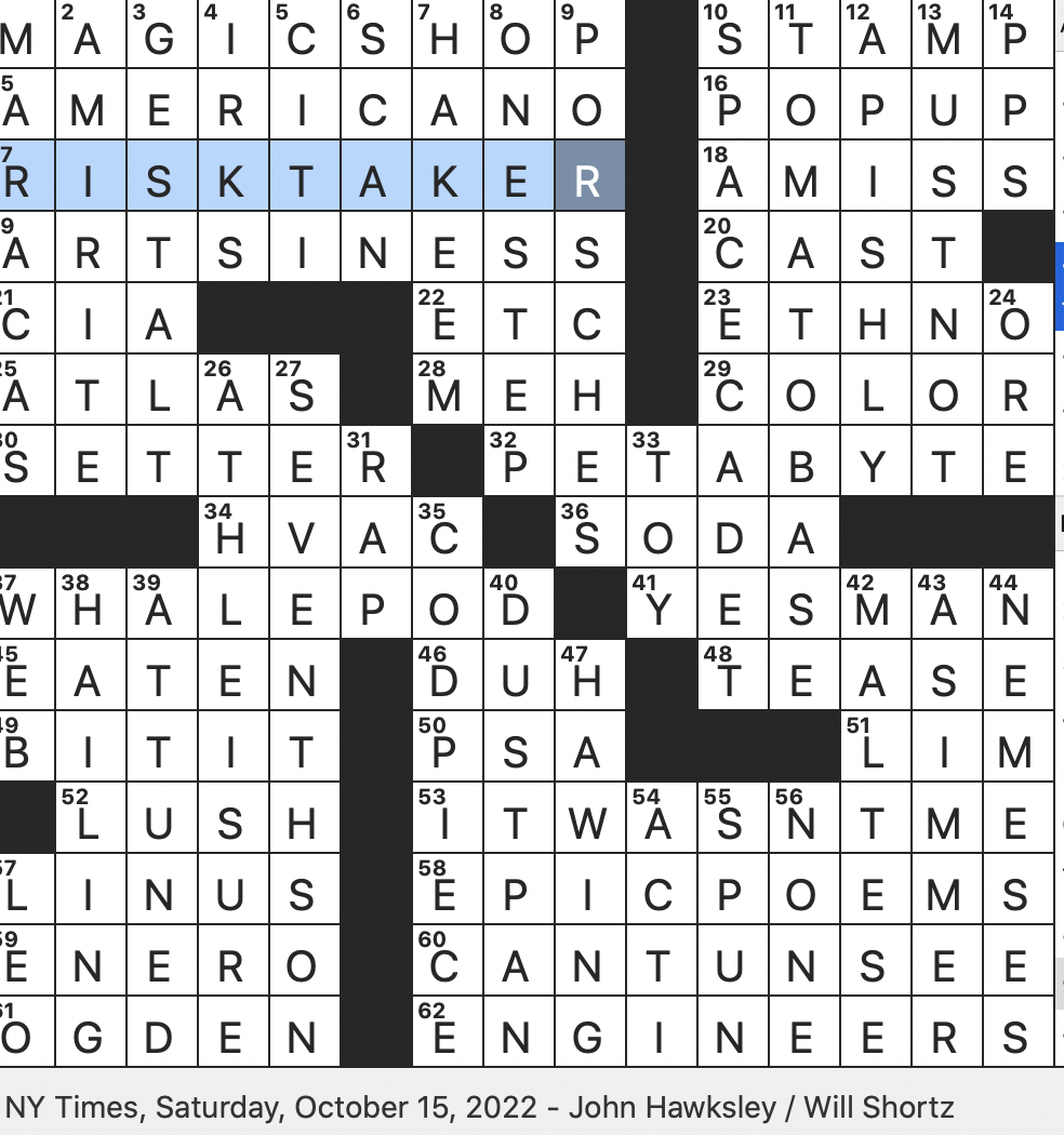Rex Parker Does The NYT Crossword Puzzle Father Of Calypso SAT 10 15 22 Corp With Red Umbrella Implied In Its Logo Latin Music Duo What Classic Sonnets Do
