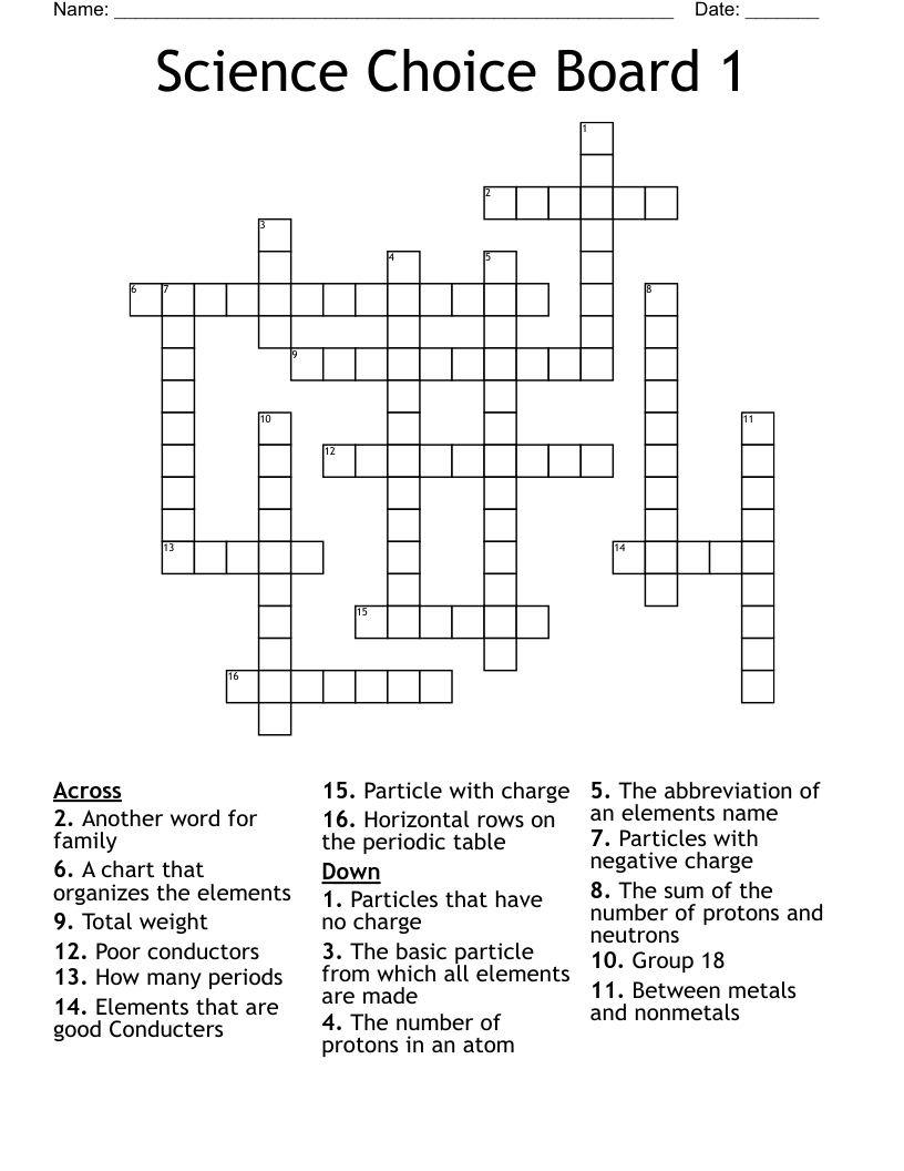 Science Choice Board 1 Crossword WordMint