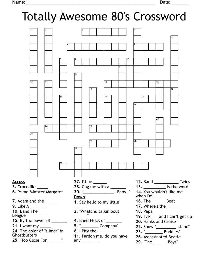 Totally Awesome 80 s Crossword WordMint Totally Awesome 80 s Crossword WordMint