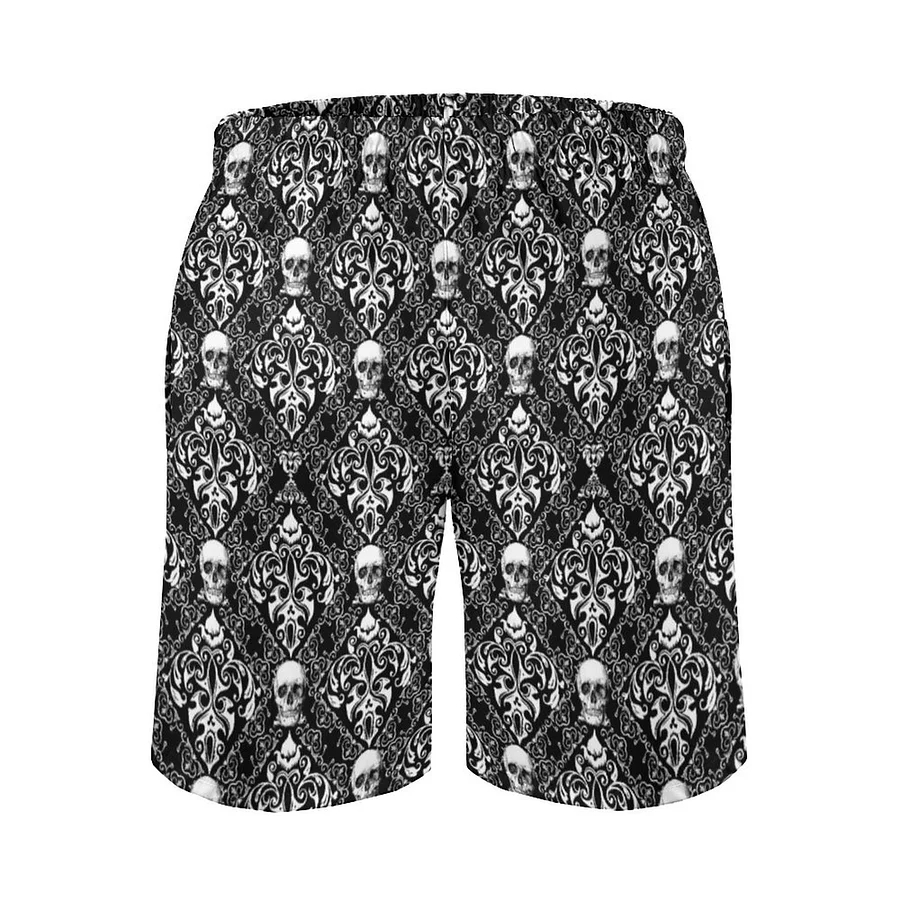 Vintage Skull White Black Elegant Damask Goth Men s Swim Trunks Hawaiian Bathing Mesh Lining Suit Swimsuits Beach Shorts With Pockets
