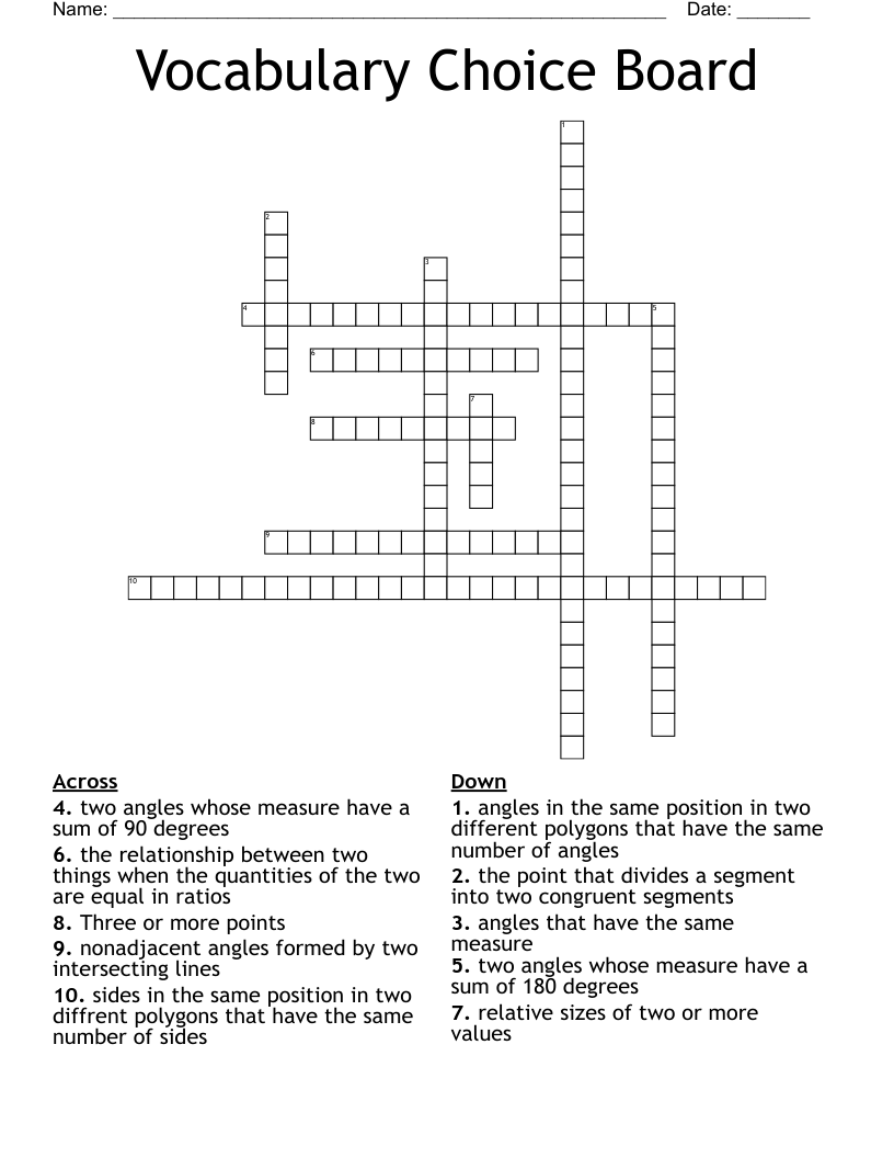 Vocabulary Choice Board Crossword WordMint Vocabulary Choice Board Crossword WordMint